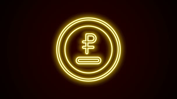 Ligne lumineuse néon Rouble, rouble icône de pièce de monnaie de monnaie isolé sur fond noir. Un symbole russe. Animation graphique de mouvement vidéo 4K — Video