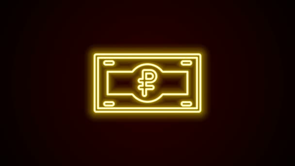 Világító neon vonal Orosz rubel bankjegy ikon elszigetelt fekete alapon. 4K Videó mozgás grafikus animáció — Stock videók