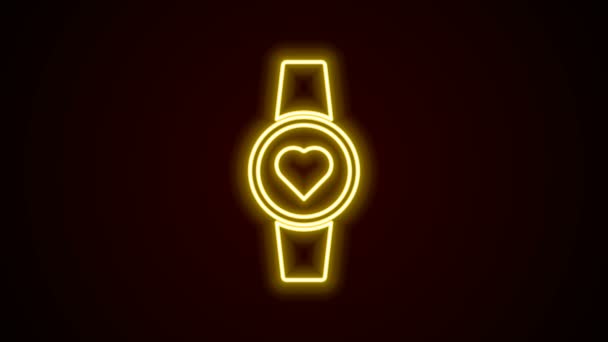Светящаяся неоновая линия Значок Smartwatch изолирован на черном фоне. Видеографическая анимация 4K — стоковое видео
