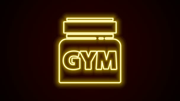 Gloeiende neon lijn Sport voeding bodybuilding proteïne power drink en voedsel pictogram geïsoleerd op zwarte achtergrond. 4K Video motion grafische animatie — Stockvideo