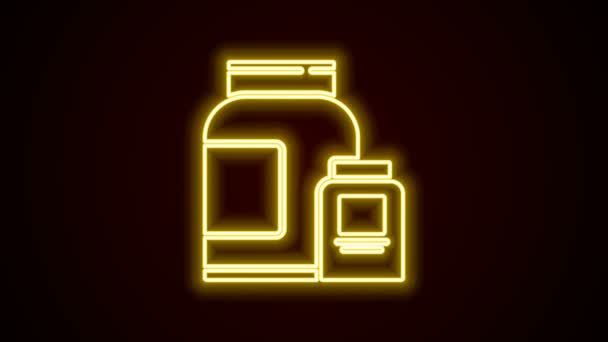 Светящаяся неоновая линия Спортивное питание бодибилдинг протеиновый энергетический напиток и пищевая икона выделены на черном фоне. Видеографическая анимация 4K — стоковое видео