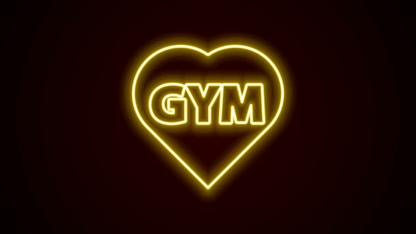 Glowing neon line Fitness gym heart icon isolated on black background. I love fitness. 4K Video motion graphic animation — Stock Video