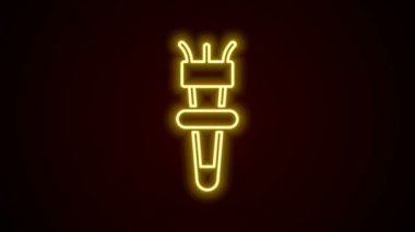 Parlayan neon hattı alev ikonu siyah arkaplanda izole edildi. Sembol ateşi sıcak, alev gücü, alev ve ısı. 4K Video hareketli grafik canlandırması