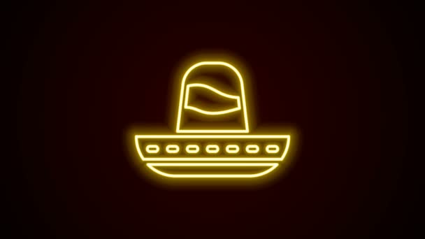 Świecąca neonowa linia Tradycyjna meksykańska ikona sombrero kapelusza odizolowana na czarnym tle. 4K Animacja graficzna ruchu wideo — Wideo stockowe