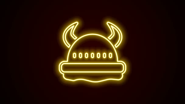 Glowing neon line Viking in horned helmet icon isolated on black background. 4K Video motion graphic animation — Stock Video