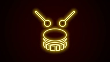 Parlak neon hattı Drum 'un baget çubukları simgesi siyah arkaplanda izole edildi. Müzik işareti. Müzik aleti sembolü. 4K Video hareketli grafik canlandırması