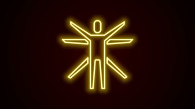 Leonardo Da Vinci 'nin parlak neon çizgisi Vitruvian Man' i siyah arka planda izole edildi. İnsan anatomisi. 4K Video hareketli grafik canlandırması