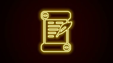 Parlayan neon çizgisi Kararname, kağıt, parşömen, parşömen simgesi siyah arkaplanda izole edilmiş. 4K Video hareketli grafik canlandırması