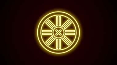 Parlayan neon hattı siyah arka planda izole edilmiş eski ahşap tekerlek simgesi. 4K Video hareketli grafik canlandırması