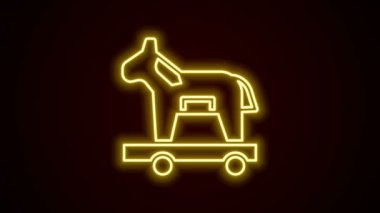 Parlayan neon hattı Truva atı simgesi siyah arka planda izole edildi. 4K Video hareketli grafik canlandırması