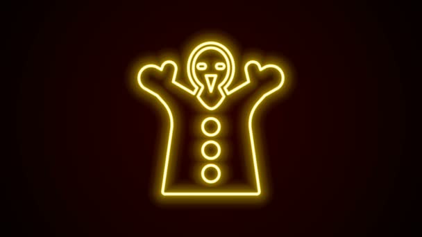 Leuchtende Neon-Linie Spielzeugpuppe Puppe an der Hand Symbol isoliert auf schwarzem Hintergrund. 4K Video Motion Grafik Animation — Stockvideo