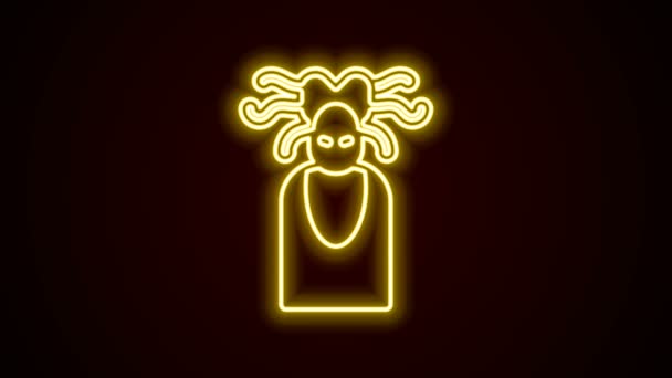 Glödande neon linje Medusa Gorgon huvud med ormar grekisk ikon isolerad på svart bakgrund. 4K Video motion grafisk animation — Stockvideo