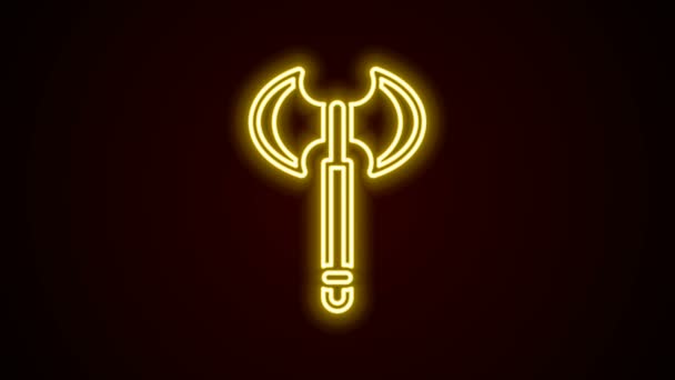 Glowing neon line Medieval axe icon isolated on black background. Battle axe, executioner axe. Medieval weapon. 4K Video motion graphic animation — Stock Video