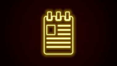 Parlayan neon çizgisi Not Defteri simgesi siyah arkaplanda izole edildi. Spiral not defteri simgesi. Okul defteri. Yazı tahtası. Okul günlüğü. 4K Video hareketli grafik canlandırması