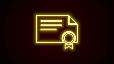 Parlayan neon hattı sertifika şablonu simgesi siyah arkaplanda izole edildi. Başarı, ödül, diploma, burs, diploma kavramları. 4K Video hareketli grafik canlandırması