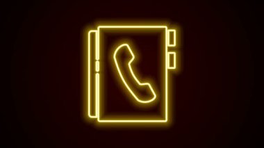 Parlayan neon hattı adres defteri simgesi siyah arkaplanda izole edildi. Not defteri, adres, bağlantı, rehber, telefon, telefon rehberi simgesi. 4K Video hareketli grafik canlandırması