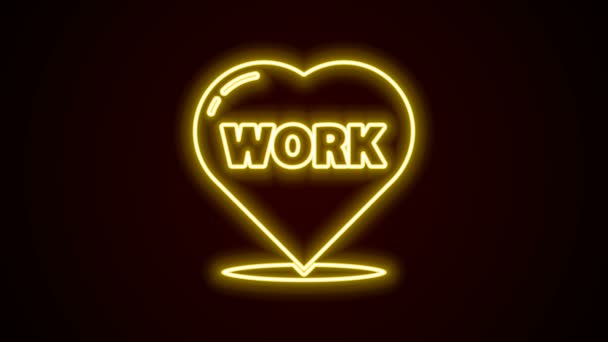 Brillante línea de neón Corazón con icono de trabajo de texto aislado sobre fondo negro. Animación gráfica de vídeo 4K — Vídeo de stock