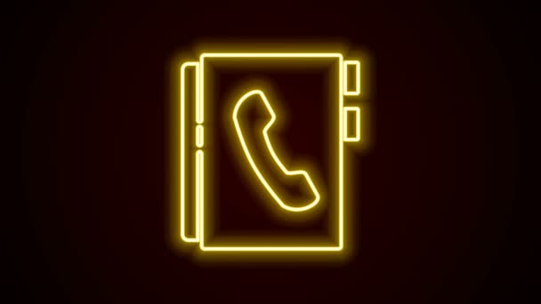 Glowing neon line ikon buku Alamat terisolasi pada latar belakang hitam. Buku catatan, alamat, kontak, direktori, telepon, ikon buku telepon. Animasi grafis gerak Video 4K — Stok Video