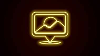 Parlayan neon çizgi haritası simgesi siyah arkaplanda izole edildi. Navigasyon, işaret, konum, harita, GPS, yön, yer, pusula, arama konsepti. 4K Video hareketli grafik canlandırması