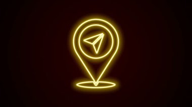 Parlayan neon çizgi haritası simgesi siyah arkaplanda izole edildi. Navigasyon, işaret, konum, harita, GPS, yön, yer, pusula, arama konsepti. 4K Video hareketli grafik canlandırması