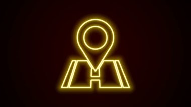 Parlayan neon çizgi haritası simgesi siyah arkaplanda izole edildi. Navigasyon, işaret, konum, harita, GPS, yön, yer, pusula, arama konsepti. 4K Video hareketli grafik canlandırması