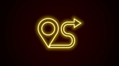 Parlayan neon hattı rota simgesi siyah arkaplanda izole edildi. Harita işaretçisi işareti. Yol ya da yol kavramı. GPS navigatörü. 4K Video hareketli grafik canlandırması