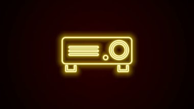 Parlak neon hattı sunumu, film, film, medya projektörü simgesi siyah arkaplanda izole edildi. 4K Video hareketli grafik canlandırması