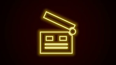 Parlayan neon hattı film alkışlayıcı simgesi siyah arkaplanda izole edildi. Film alkışlama tahtası. Alkış tahtası işareti. Sinema yapımı ya da medya endüstrisi. 4K Video hareketli grafik canlandırması