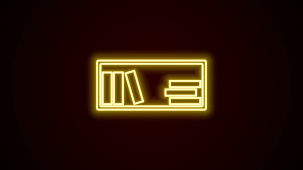 Светящийся неоновая линия полка с книгами значок изолирован на черном фоне. Знак полки. Видеографическая анимация 4K — стоковое видео