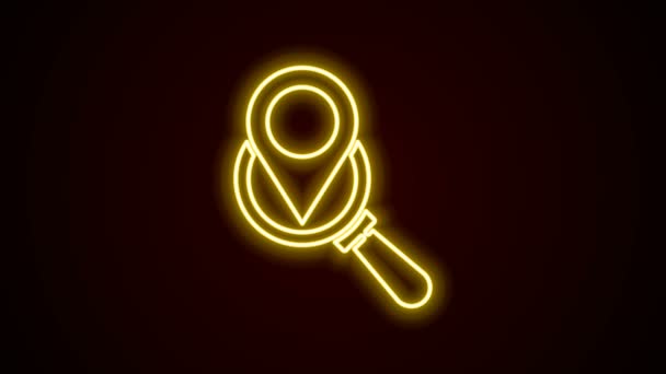 Ligne lumineuse néon Rechercher l'icône de localisation isolée sur fond noir. Loupe en verre avec panneau pointeur. Animation graphique de mouvement vidéo 4K — Video