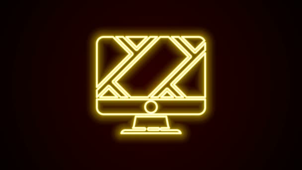 Linea neon incandescente Monitor per computer e mappa ripiegata con icona del segnaposto isolata su sfondo nero. Animazione grafica 4K Video motion — Video Stock