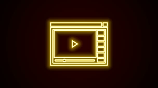 Glowing neon line Online play video icon isolated on black background. Film strip with play sign. 4K Video motion graphic animation — Stock Video