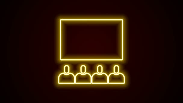 黒い背景にスクリーンアイコンでネオンラインシネマ講堂を光る。4Kビデオモーショングラフィックアニメーション — ストック動画