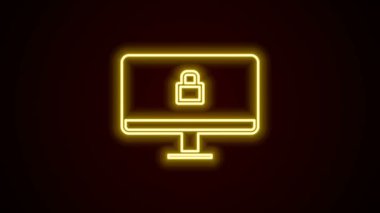 Parlayan neon hattı Kilidi siyah arkaplanda izole edilmiş bilgisayar monitör simgesi üzerinde. Güvenlik, güvenlik, koruma kavramı. Güvenli bir ağ. 4K Video hareketli grafik canlandırması