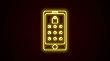 Parlak neon hattı cep telefonu ve grafik şifre koruma simgesi siyah arkaplanda izole edildi. Güvenlik, kişisel erişim, kullanıcı yetkisi. 4K Video hareketli grafik canlandırması