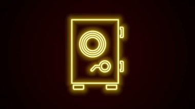 Parlayan neon hattı siyah arkaplanda güvenli simge. Kapı, şifreli bir banka kasası. Güvenilir Veri Koruma. 4K Video hareketli grafik canlandırması
