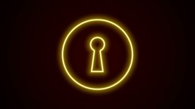 Parlayan neon çizgisi simgesi siyah arkaplanda izole edildi. Başarının anahtarı. Anahtar deliği bilmece, gizli, güvenlik kavramını ifade eder. 4K Video hareketli grafik canlandırması