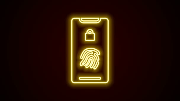 Siyah zemin üzerinde parmak izi tarayıcı simgesi olan parlak neon hattı Smartphone. Güvenlik kavramı, cep telefonundan kişisel erişim. 4K Video hareketli grafik canlandırması — Stok video