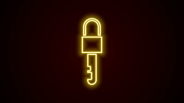 Línea de neón brillante Icono clave bloqueada aislada sobre fondo negro. Animación gráfica de vídeo 4K — Vídeo de stock
