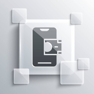 Gri Mobil bankacılık simgesi gri arkaplanda izole edildi. Cep telefonu ekranına cep telefonu bankacılığı yoluyla para aktar. Kare cam paneller. Vektör.