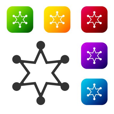 Siyah Hexagram Şerif ikonu beyaz arka planda izole edildi. Polis rozeti ikonu. Renkli kare düğmelerle simgeleri ayarla. Vektör.