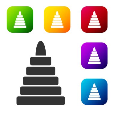 Siyah Piramit oyuncak ikonu beyaz arkaplanda izole edilmiş. Renkli kare düğmelerle simgeleri ayarla. Vektör.