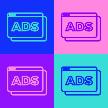 Pop sanat çizgisi reklam simgesi renk arkaplanında izole edildi. Pazarlama ve tanıtım süreci kavramı. İlgili reklamlar. Sosyal medya reklamcılığı. Vektör.