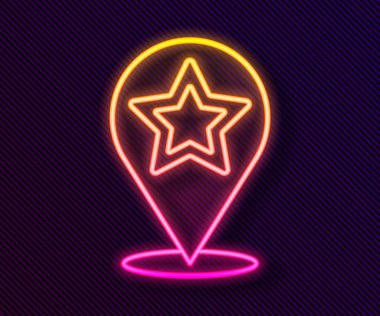 Siyah arkaplanda yıldız simgesi izole edilmiş parlak neon çizgi haritası işaretçisi. Yıldız favori iğne haritası simgesi. Harita işaretleyicileri. Vektör.