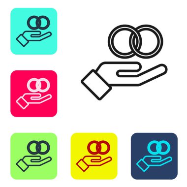 Siyah çizgi alyans simgesi beyaz arkaplanda izole edildi. Gelin ve damat mücevher tabelası. Evlilik sembolü. Elmas yüzük. Renkli kare düğmelerle simgeleri ayarla. Vektör.