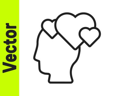 Beyaz arka planda izole edilmiş kalp ikonu olan siyah çizgi insan kafası. İnsan kafasıyla aşk kavramı. Vektör.