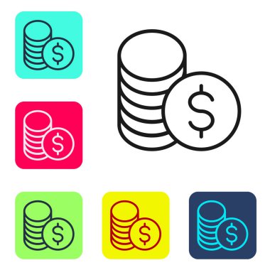 Beyaz zemin üzerinde dolar sembolü olan siyah çizgi parası. Bankacılık işareti. Para sembolü. Renkli kare düğmelerle simgeleri ayarla. Vektör.