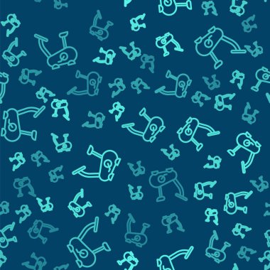 Yeşil çizgi sabit bisiklet ikonu mavi arkaplanda izole edilmiş pürüzsüz desen. Egzersiz bisikleti. Vektör.