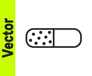 Siyah çizgi, beyaz arka planda izole edilmiş hap kapsülü ikonu vitamin kompleksi. Sağlıklı bir yaşam tarzı. Vektör.