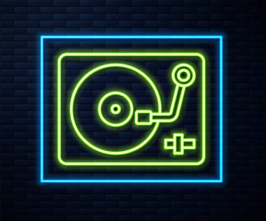 Duvarda izole edilmiş vinil disk ikonu olan parlak neon çizgili Vinil oynatıcı. Vektör.